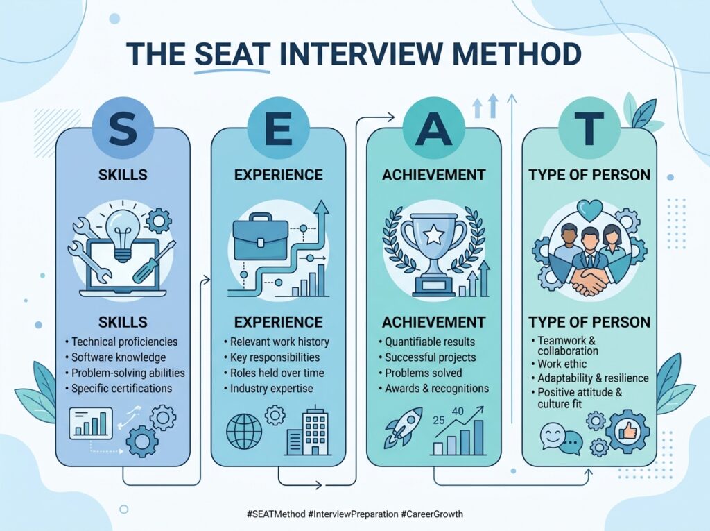 An infographic illustrating the SEAT framework for social care worker interview responses.
